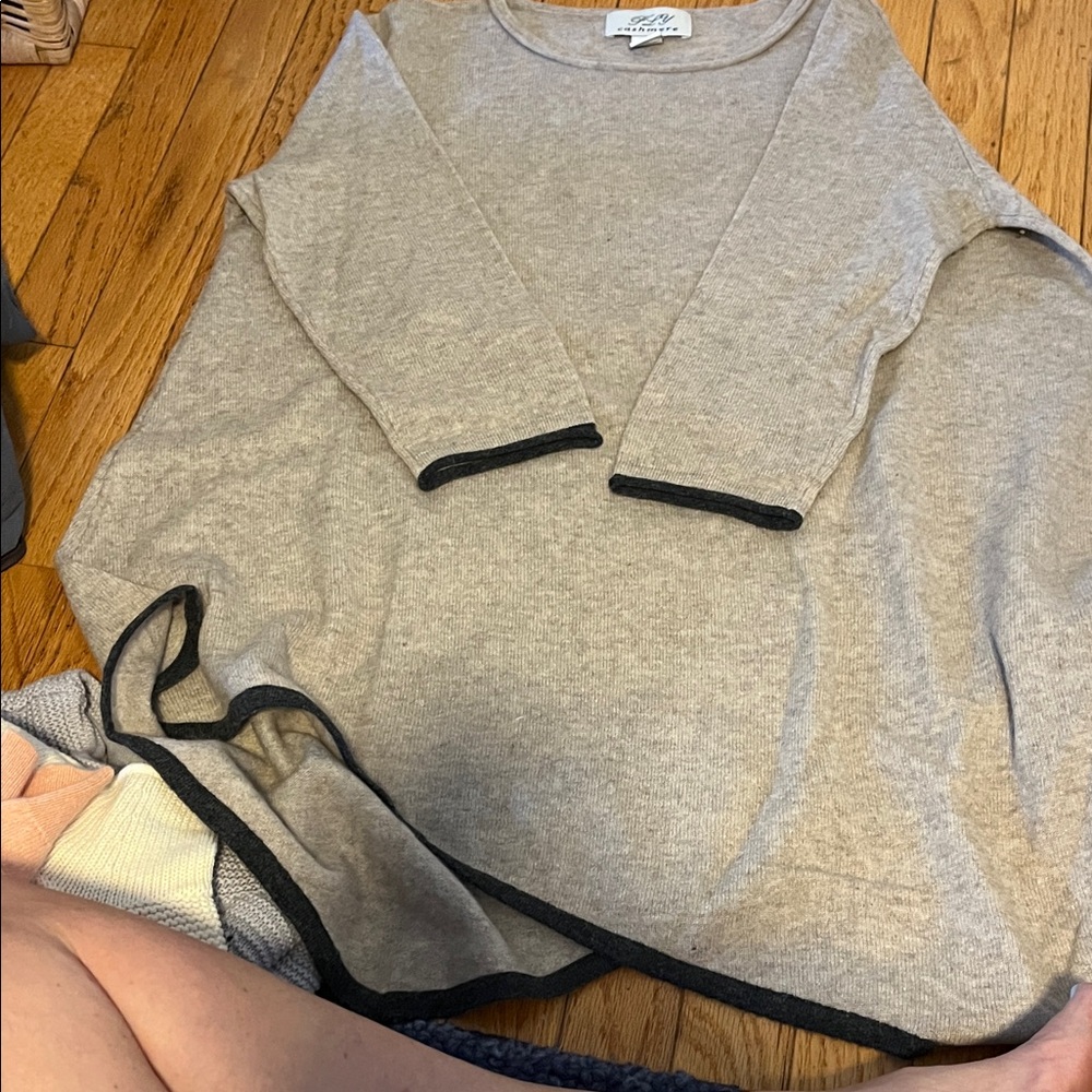 Ply Cashmere Gray Sweater with Black Trim